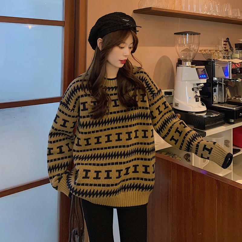 

Women's Sweaters Cmaz Winter Rhombus Sweater Spring And Autumn Outer Wear Loose Retro, White;black