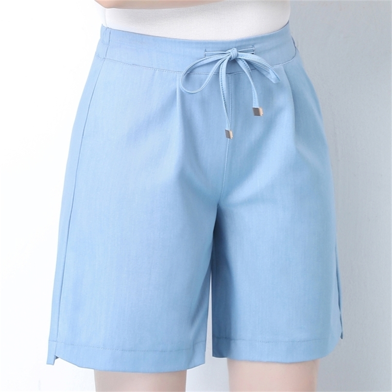 

OUMENGKA summer blue casual women shorts high elastic waist solid ladies jeans pocket blet loose s- 210722, Dark blue