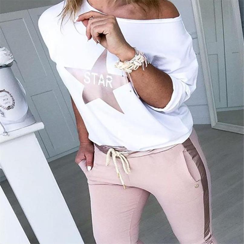 

autumn clothing set two piece womenpant star printed drawstring design pants fashionable casual ladies suit, White