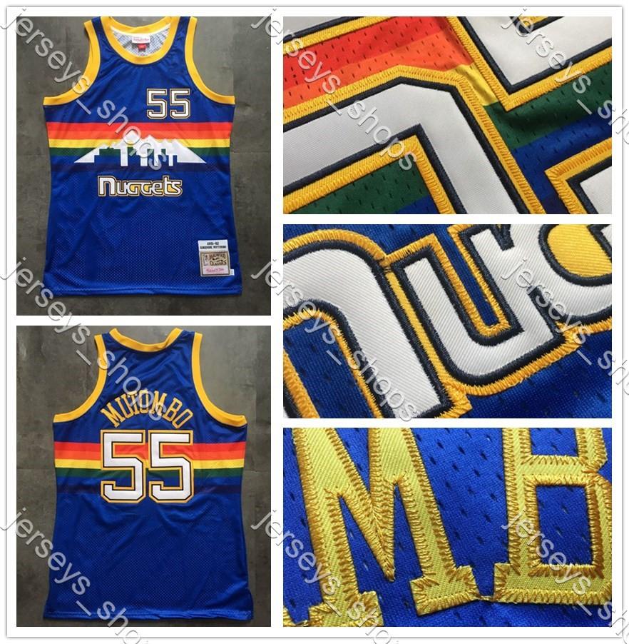 

Mens Throwback Denver Nuggets Jerseys Dikembe Mutombo 55 blue Mitchell & Ness Stitched Hardwoods Classics Shirts camisetas, Black;red