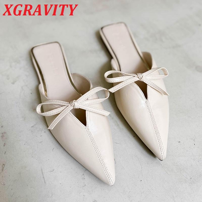

Slippers XGRAVITY V Cut Summer Women Slipper Fashion Candy Colors Flat Ladies Slip On Mules Shoes Thin Low Heel Pointed Toe Slides Flips, Black
