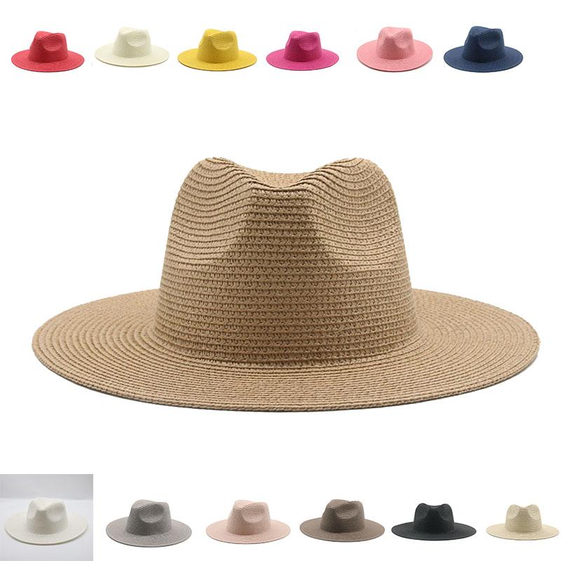 

summer women men wide brim solid jazz sun straw Fedora hats outdoor beach travel UV protective handmade, Black