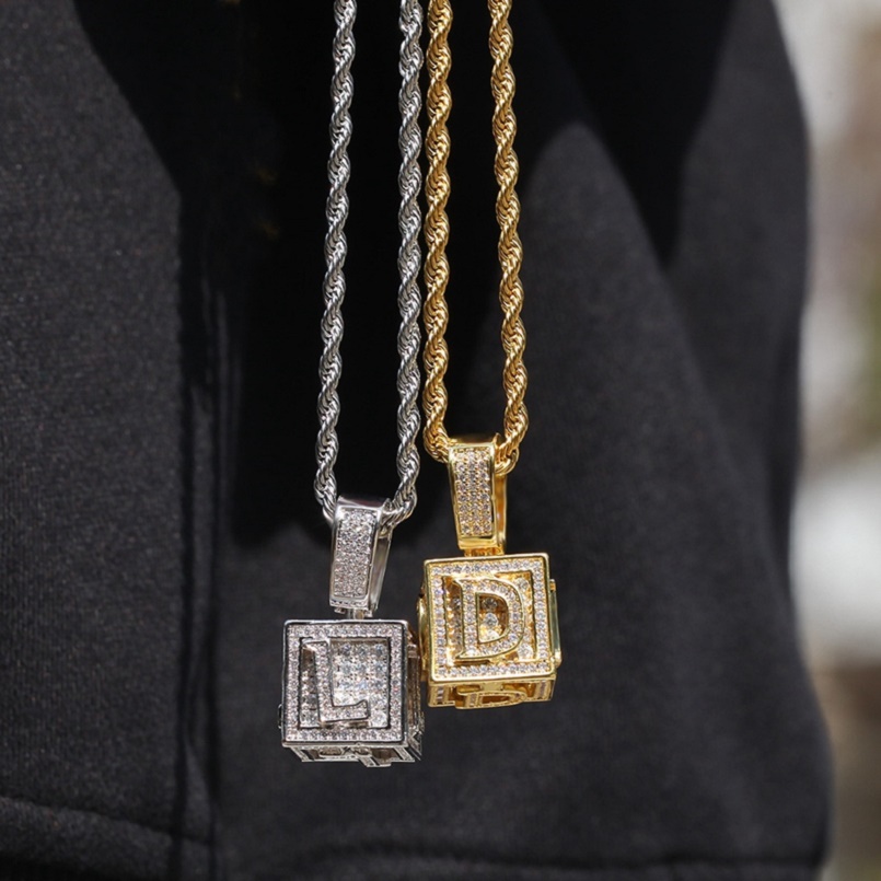 

Mens Hip Hop Jewelry Iced Out Initial Letter Necklace Pendant Gold Silver Cube Dice Hiphop Necklaces