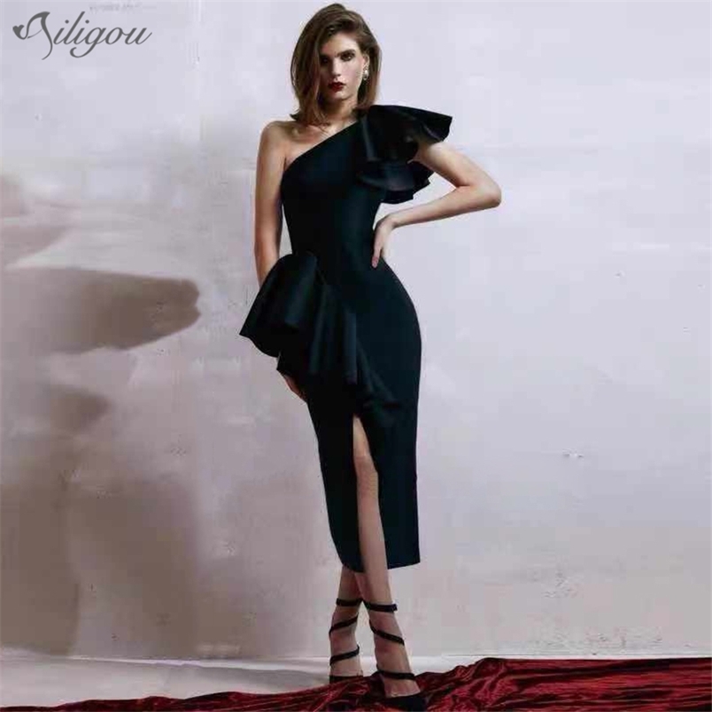 

Summer Ladies Black One-Shoulder Short-Sleeved Club Bodycon Bandage Dress Sexy Ruffled Celebrity Party 210525, Black bandage dress