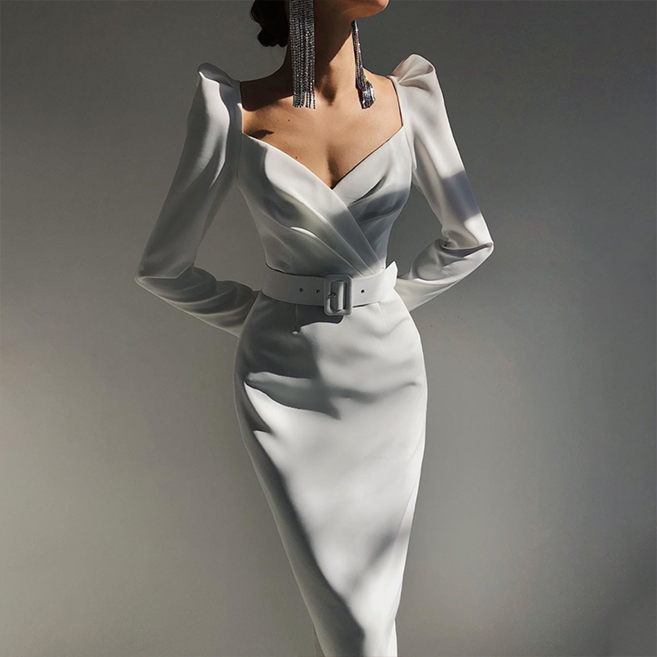 

Adyce New Summer Women Elegant White Long Sleeve Midi Club Dress 2021 Sexy V Ne Fashion Belt Celebrity Evening Party Dresseshigh quality, White club dress
