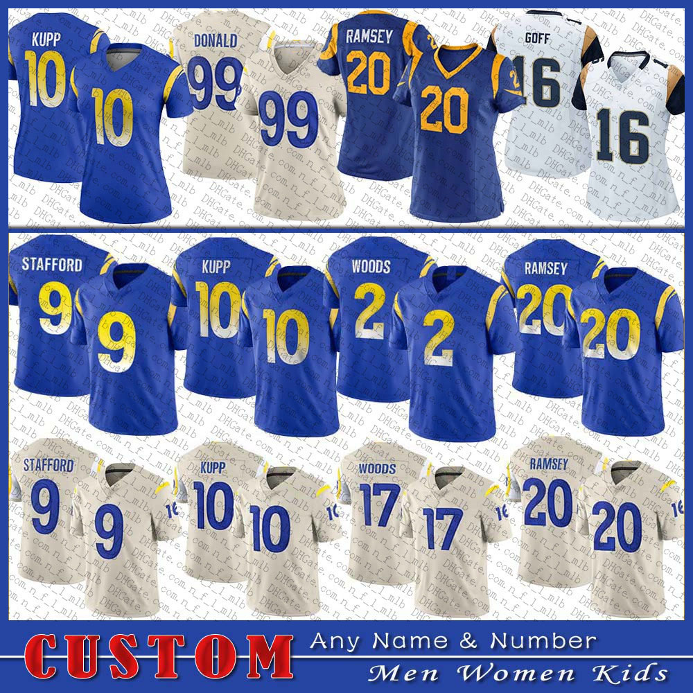

9 Matthew Stafford LA Football Jersey 99 Aaron Donald 10 Cooper Kupp 2 Robert Woods 23 Cam Akers 20 Jalen Ramsey 6 Johnny Hekker Custom Men Women Kids Los Angeles Ram, Shown