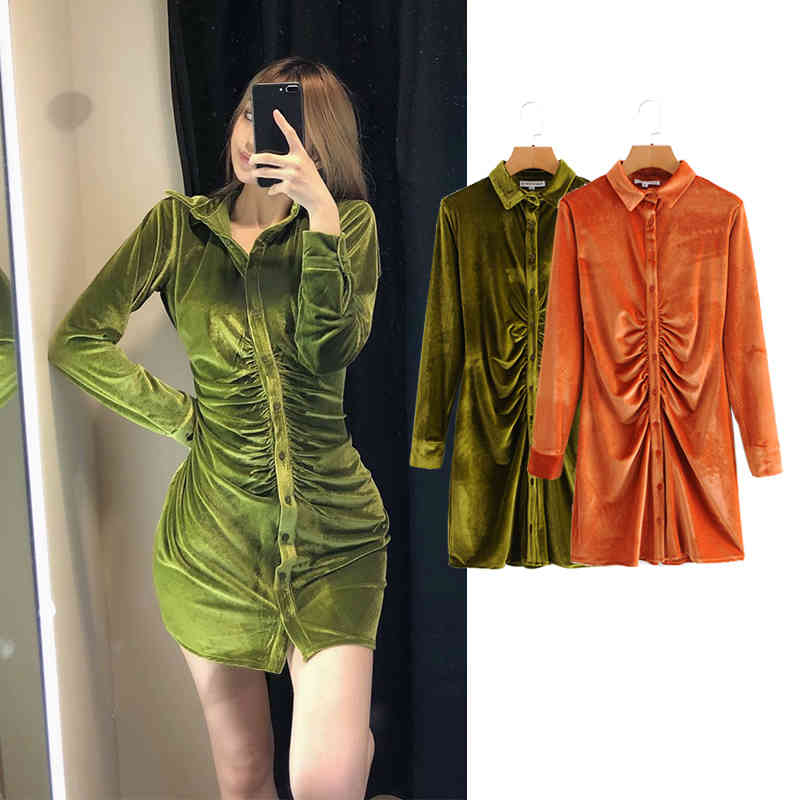 

Casual Dresses Women Spring Summer velvet Folds Turn-down Collar Single-breasted long sleeve mini Dress party Luxury Sundress PJIE