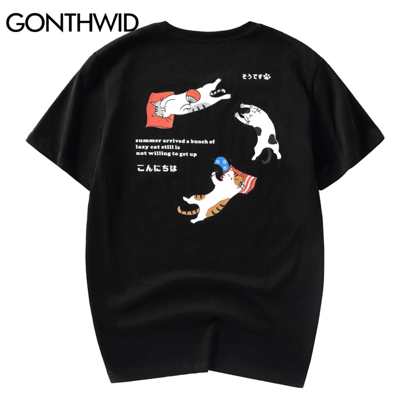 

Tees Shirts Hip Hop Streetwear Casual Japanese Funny Cat Print Short Sleeve Cotton T-Shirts Fashion Harajuku Tops 210602, White