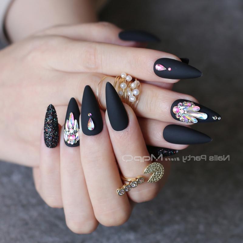 Long Stiletto red Fake nails crystal false nails golden glitter full set custom Salon press on box 24pcs-image-691796025