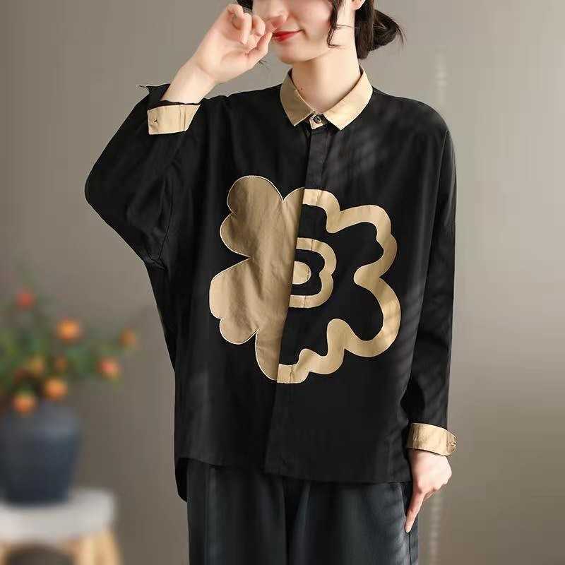 

Spring Women Loose Casual Turn-down Collar Embroidery Blouse Long Sleeve Single Breasted Print Cotton Linen Shirts W91 210608, Khaki