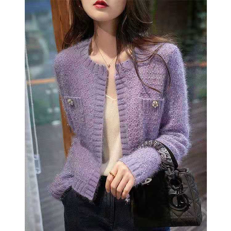 

2022 Maje Cardigan with Bright Yarn Embellish Pearl Clasp Coat Sweaters, Purple