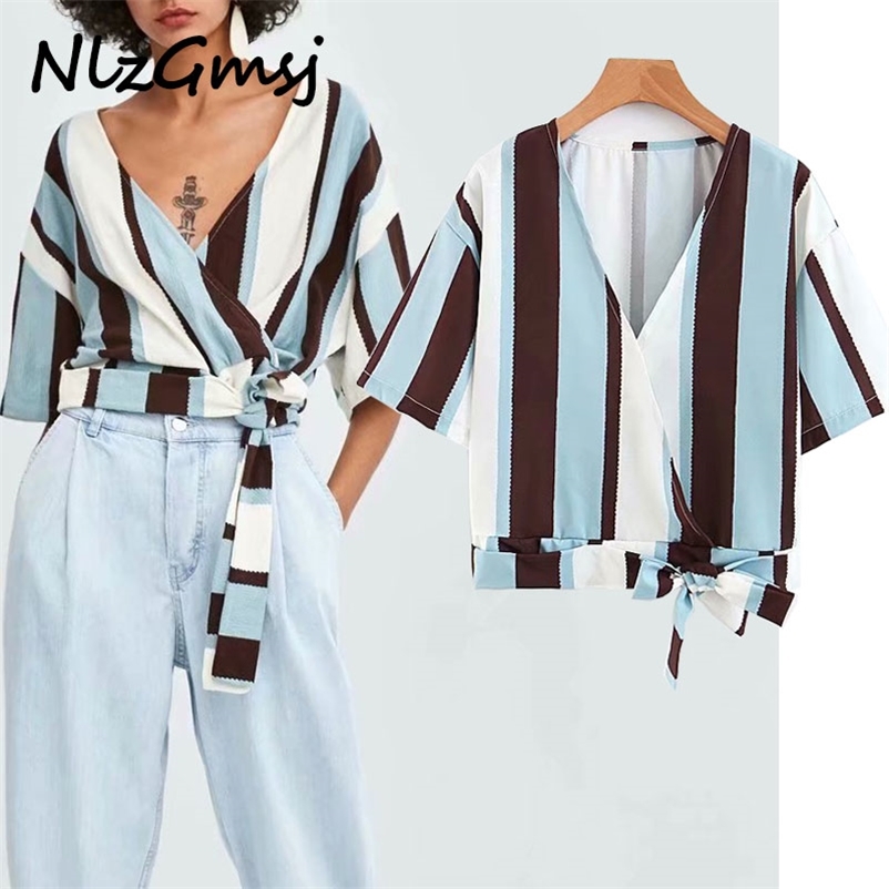 

T-shirt Women Summer Fashion Tops V-neck Stripe Bow Short Sleeve Temperament Elegant Women' 210628, As picture