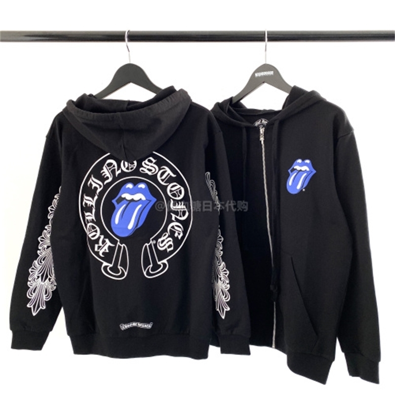 

red Chrome and hearts ROCKSTONE Limited blue tongue flower arm horseshoe zipper Hoodie, White;black