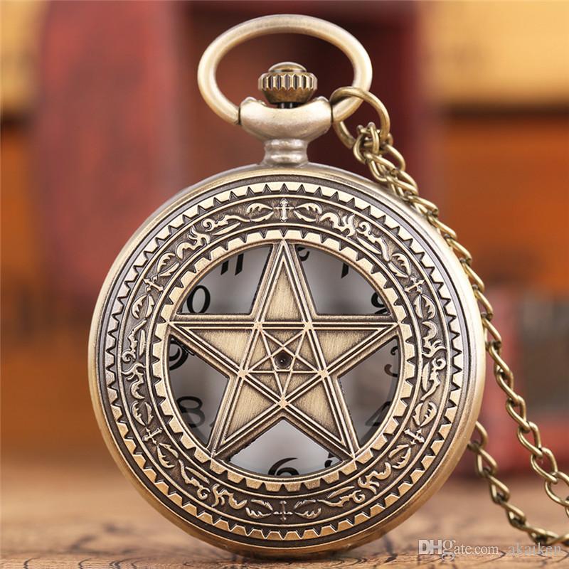 

Vintage Hollow Out Case Pentagram Quartz Pocket Watch Men Women Children Gift Stylish Clock Necklace Chain, Slivery;golden
