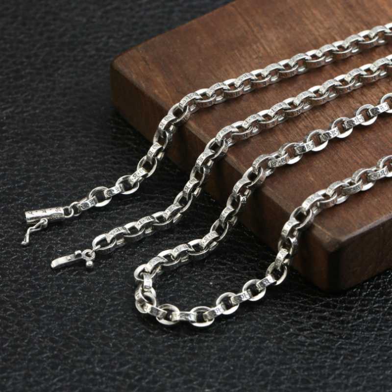 

Chains S925 Sterling Silver Vintage Six-character Mantra Round Link Necklace Men Thai 5mm Thick Personality Trendy Male