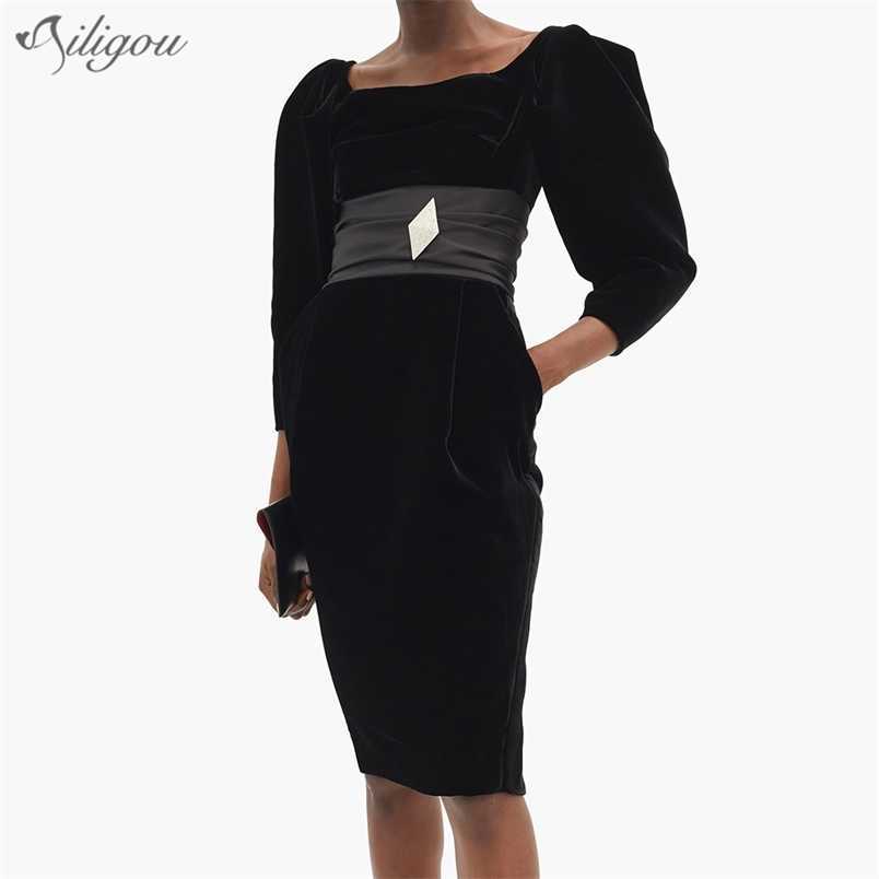 

Fashion Chic Black Velvet Belt Mini Dress Pocket Design Elegant Diamond Brooch Celebrity Party Vestido 210525