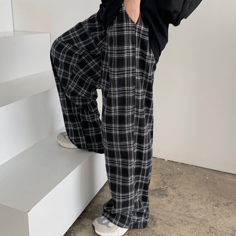 

Autumn womens plaid pants casual straight tube high waist large loose wide leg retro youth Harajuku plus size hip hop full size street clothes, Black