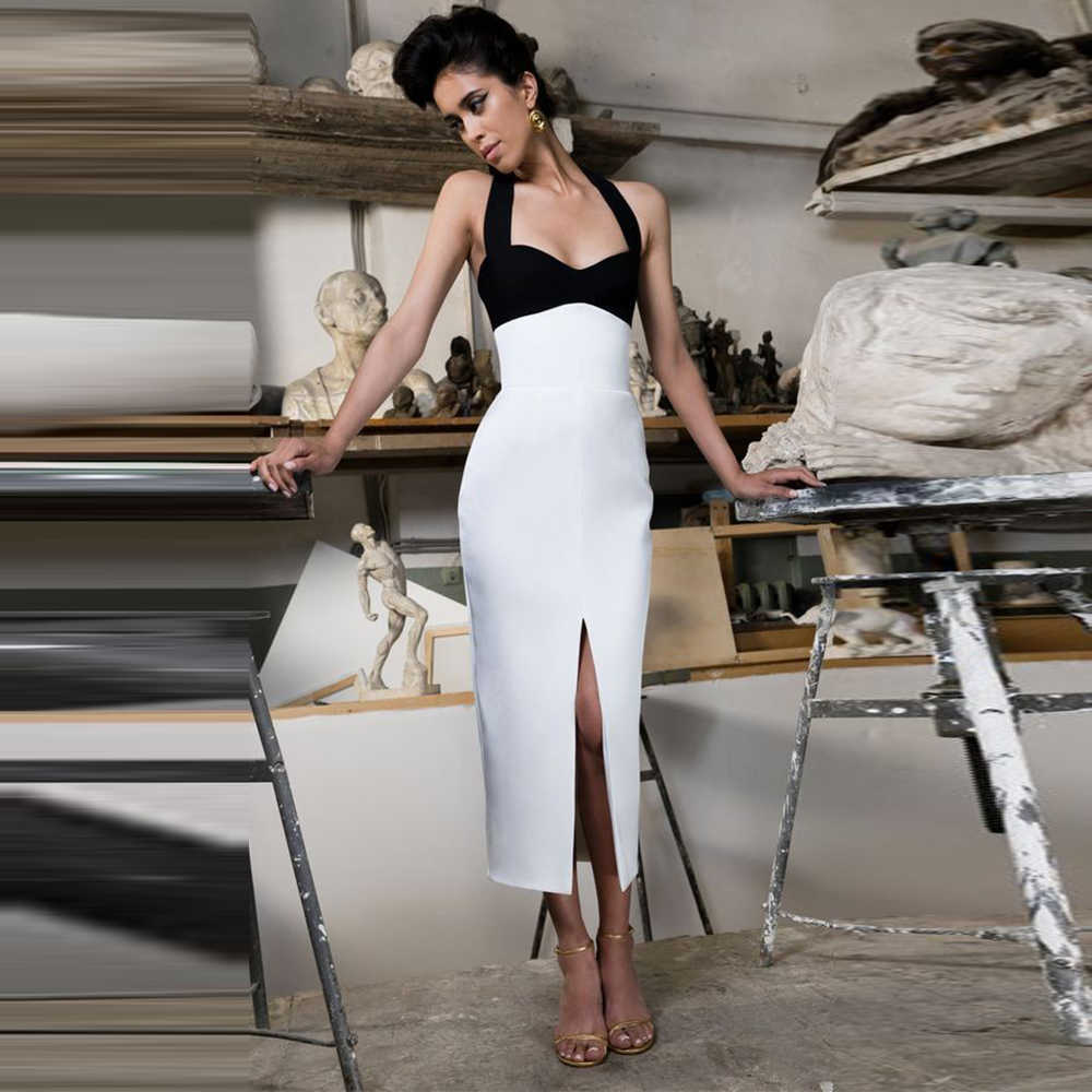 

Ocstrade Summer Black and White Bandage Dress Women Halter Backless Sexy Midi Bodycon Evening Party 210527, Blue