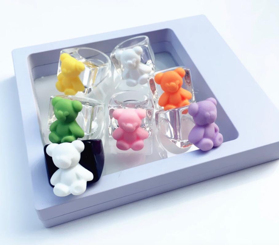 

E-Ling Rings Cute Funny Bear Animal Acrylic For Women Cartoon Colorful Resin Transparent Wide Finger Cluster, Golden;silver