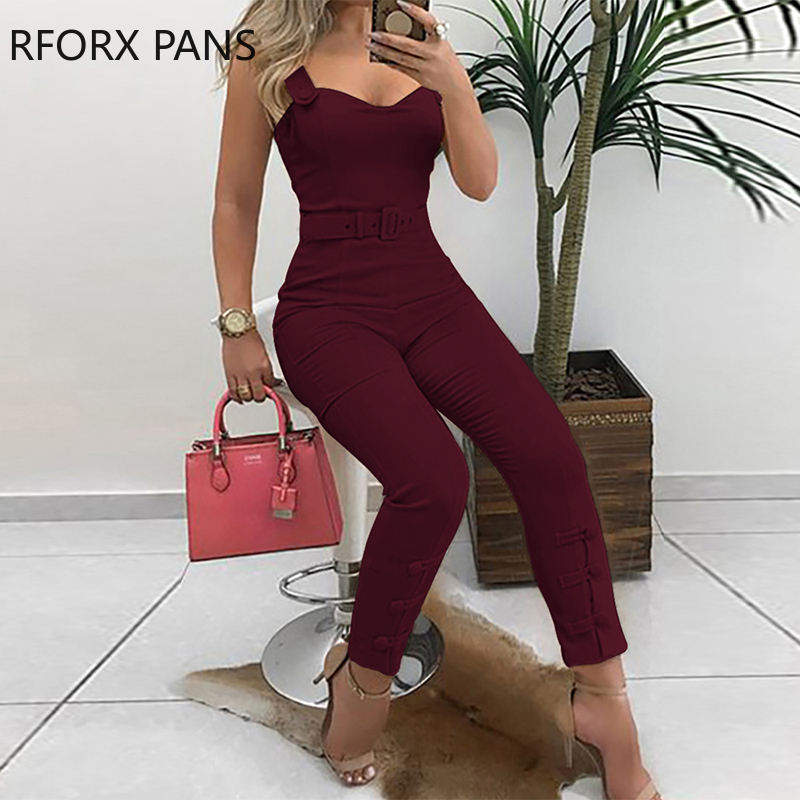 

Thin Strap Button Design Jumpsuit Casual Look for Women 2021, Red