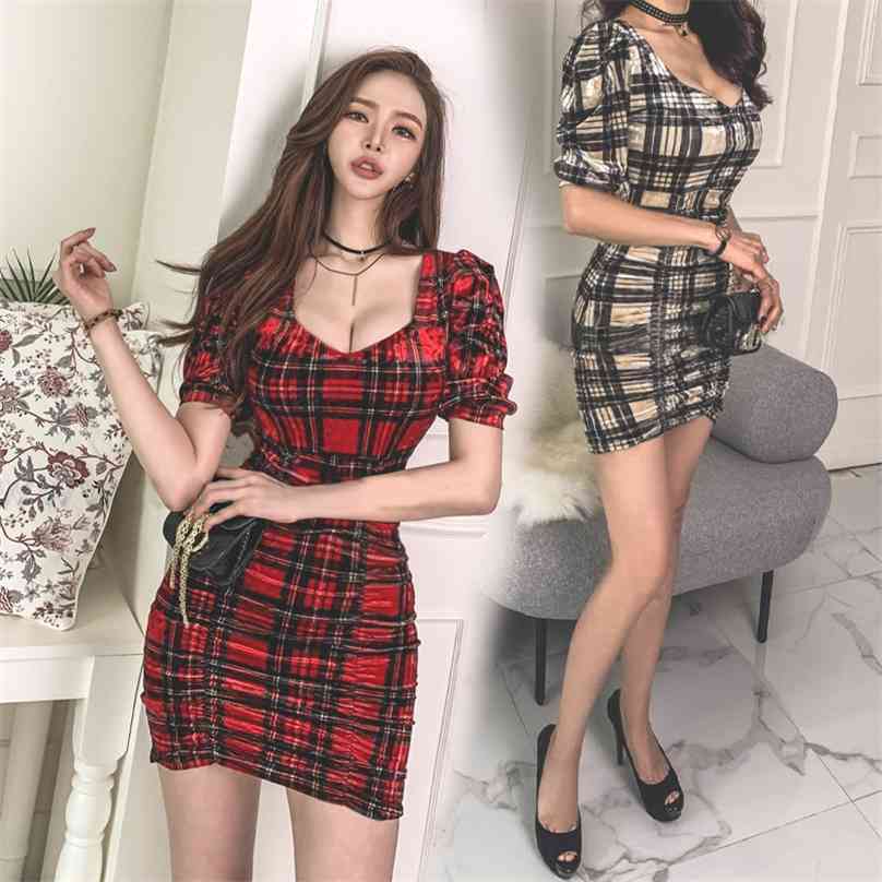 

Party plaid Sexy Korean Ladies summer short Sleeve v neck nightclub mini Dress for women clothing 210602, It all