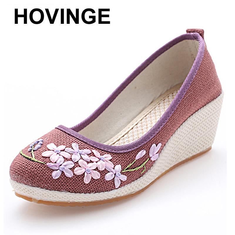

Vintage Women Pumps Linen Shoes Retro Floral Embroidered Cloth Canvas Wedges Woman Platforms WomanE095 Dress, Black