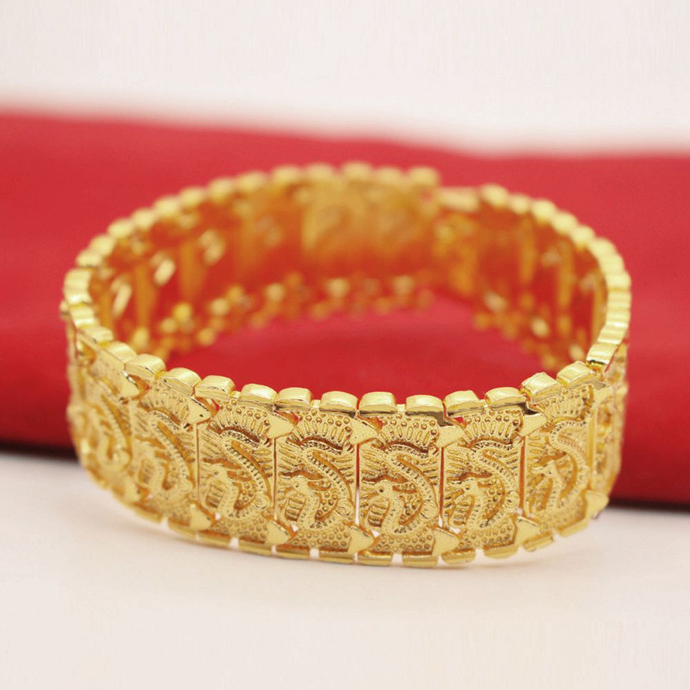 2cm Wide Dragon Pattern Wristband Chain Bracelet Men Women 18K Yellow Gold Filled Classic Fashion Male Jewelry Gift 8.4 Inches Long-image-753569347