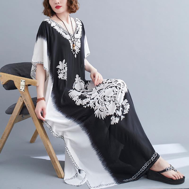 

Plus Size Dresses Bohemian Long Maxi Dress 2021 Arrival Batwing Sleeve Loose Summer Print Floral Vintage Women Travel Casual, Black