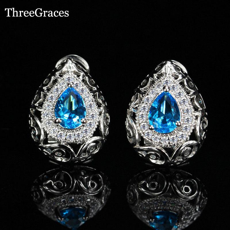 

Stud ThreeGraces Vintage Hollow Out Design Luxury Zirconia Pave Light Blue Teardrop Crystal Earrings Jewelry For Women ER269, Golden;silver