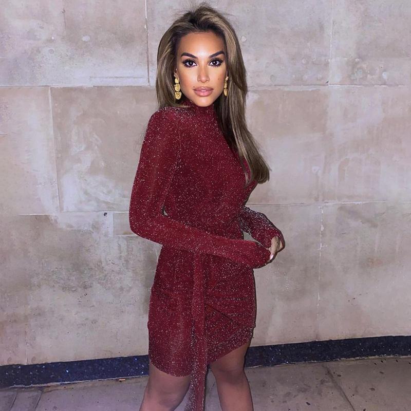 

Casual Dresses Lurex Long Sleeved Dress Women 2021 Arrival Shoulder Pads Ruffles Hip Female Sexy Evening Party Club Outfits, Black;gray