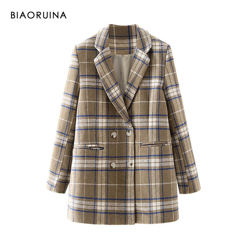 

Women' Double-breasted Fashion Woolen Plaid Long Blazer Female Vintage Loose Autumn Winter Coat Casual Outerwear Suits & Blazers, As pic