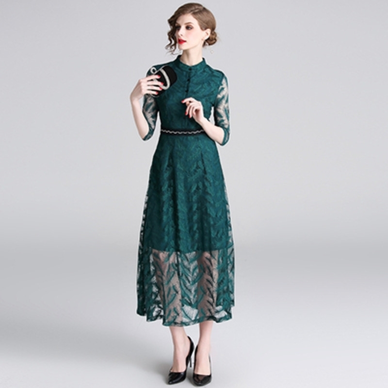 

ZAWFL High Quality Arrival Elegant Stand Collar Flower Hollow-out Long Sleeve Woman Lace Dress 210525, Picture color