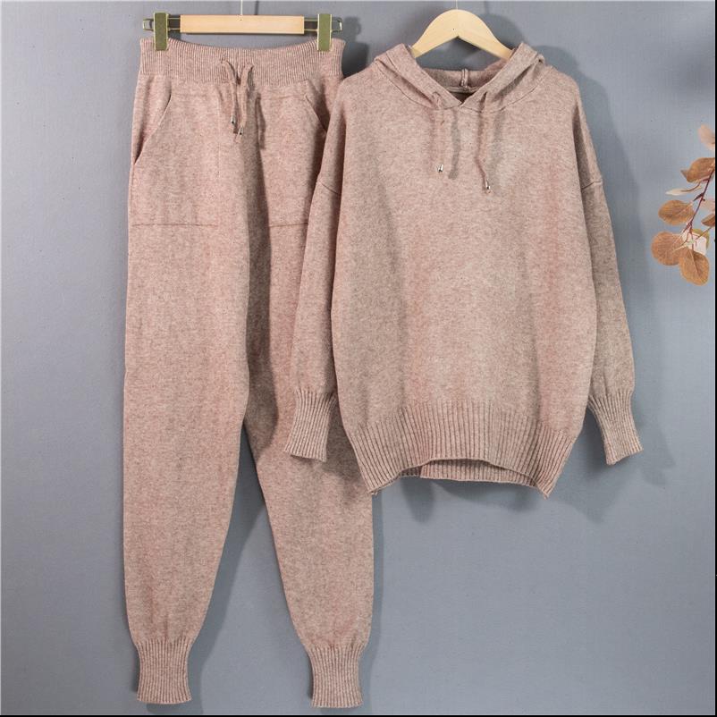 

winter warm knit hooded sweater women tracksuits beam foot tall waist trousers leisure suit, Gray