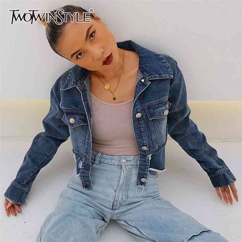 

Streetwear Short Jacket For Women Lapel Long Sleeve Patchwork Tassel Tops Female Fashion Clothing 210524, Blue
