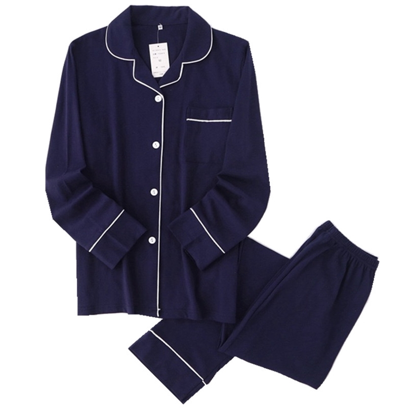 

Casual couple Solid 100% cotton pajamas sets men autumn pijamas long-sleeve sleepwear men pijamas Japanese pyjamas for male 211110, Women navy