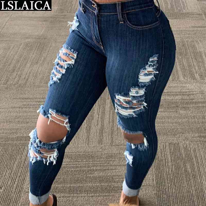 

Denim Pants Women Fashion Hole Tassels Skinny Mid Waist Jeggings Jeans Casual Pencil Trousers Solid Pantalon Femme 210520, Blue
