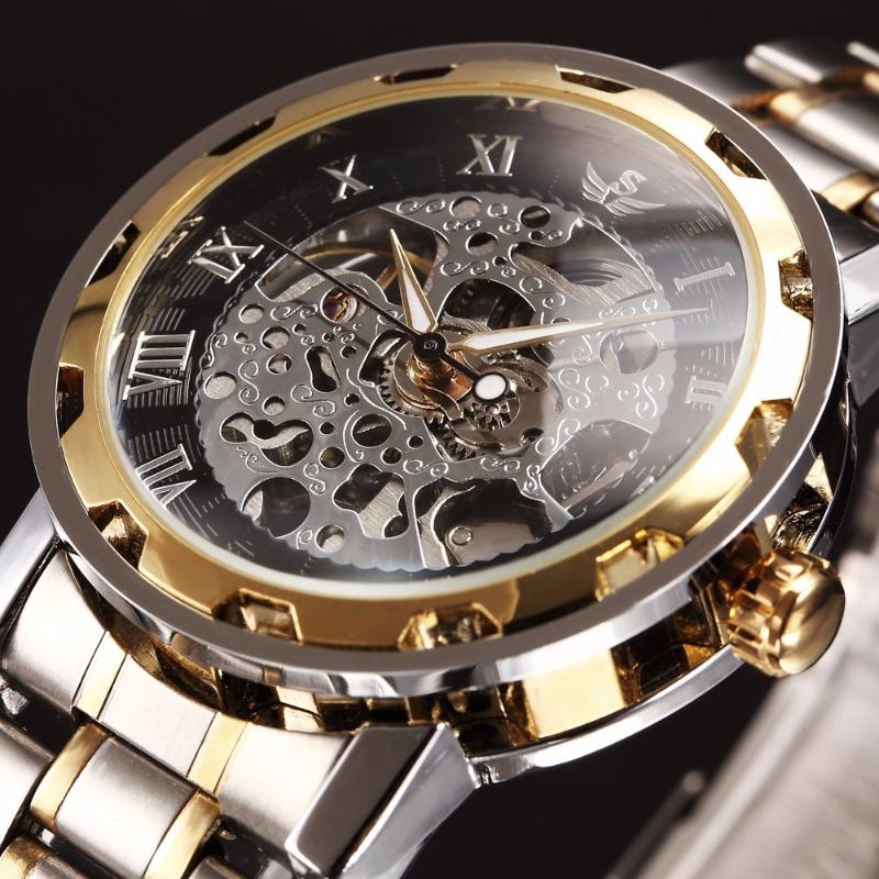 

Gold Men Skeleton Mechanical Watch Stainless Steel Wristwatch Male Transparent Business Dress Clock Relogio Masculino Wristwatches
