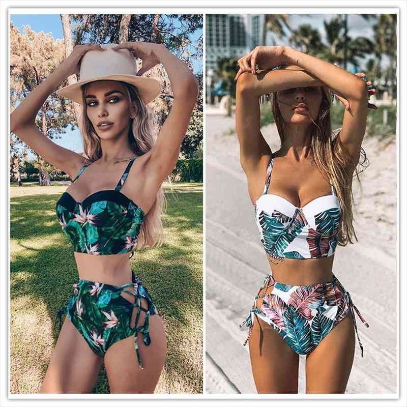 

high waist swimwear leaf print bikinis women swimsuit vintage retro bathing suit halter biquini maillot de bain femme, White;black