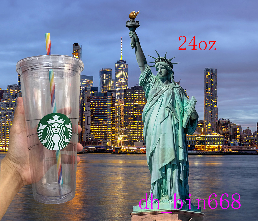 

10 Piece Double Thick Rainbow Straw Multiple Straws Starbucks tumblers 24OZ/710ml plastic cup Reusable transparent flat column lid sippy Bardian, As shown