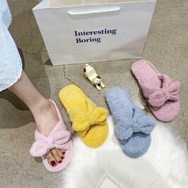 

Warm Fluffy Slippers Women 2021 New, Indoor Floor Slides Flat Soft Furry Slipper Ladies Female, Fashion Cute Bowknot Slippers H0827, Blue