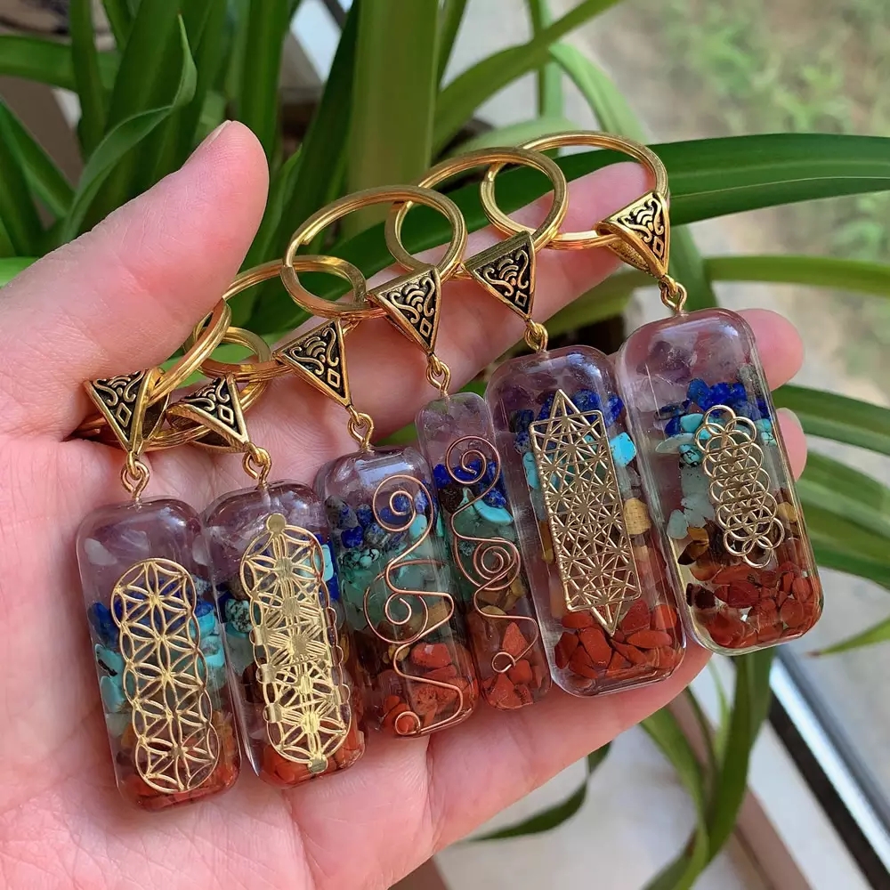 

Orgonite Chakela Rainbow Seven Chakra Reiki Healing Energy Stone Meditation Chakra keychain key ring