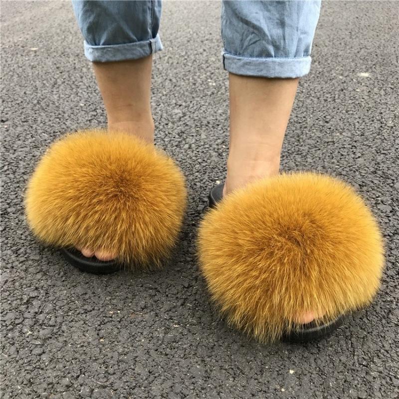 

Slippers Fluffy Real Fur Slides Indoor Flip Flops Casual High Recommend Raccoon Sandals Vogue Plush Shoes, Black