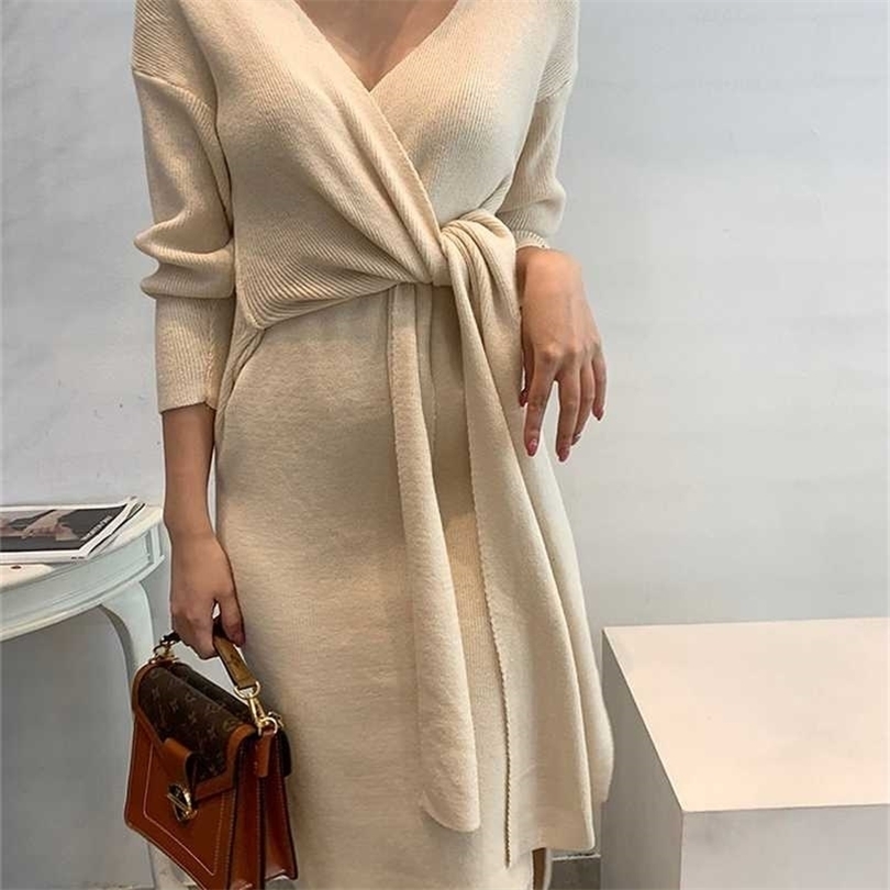 

Warm Knitted Korean Style Autumn Solid Jumper Dresses Thick Winter Pollover Sweater Dres Woman Apricot Grey Vestido 211109, Lotus root color