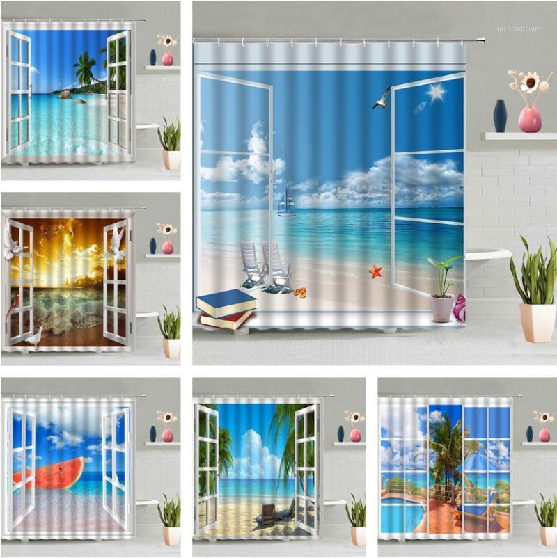 

Shower Curtains Window Scenery Curtain Ocean Sandy Beach Bathroom Wall Hanging Blue Sea Sky Scenic Waterproof Screen Home Decor