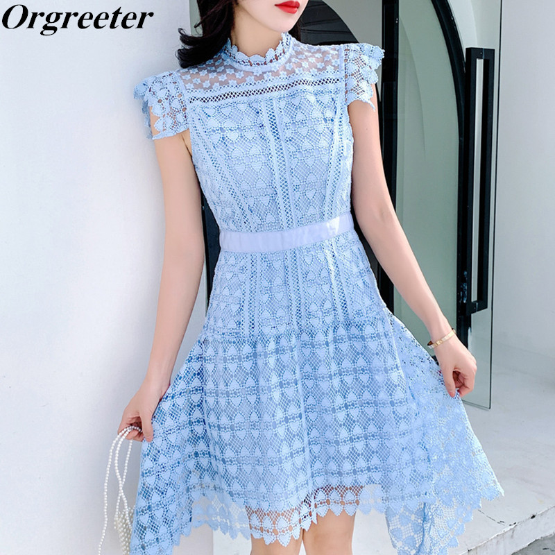 

High-end custom Blue Irregular Lace Dress Summer Stand collar Hollow out Slim Short Butterfly Sleeve 210525