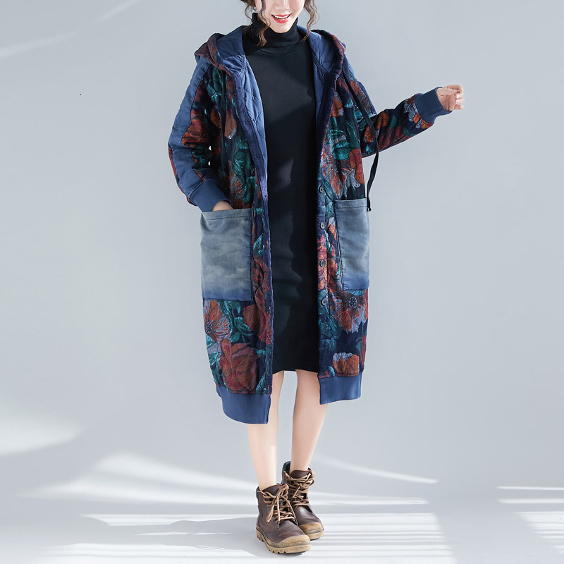 

down Ladies padded winter and old printing plus size hooded thick windbreaker warm cotton jacket, Black