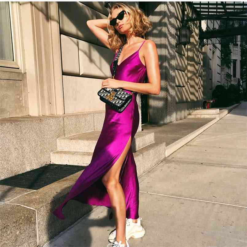 

Sexy Satin V Neck Maxi Dress Women Spaghetti Strap Sleeveless Backless Side Split Long Dresses Summer Lady Vestido De Mujer 210517, Orange