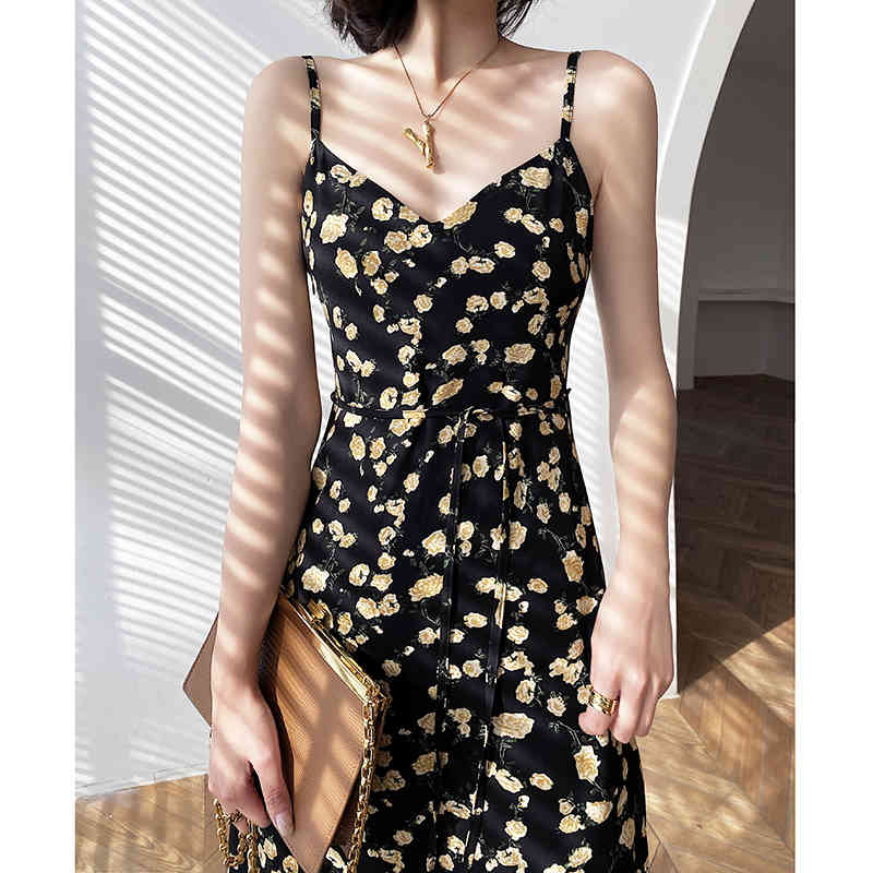 

Chiffon floral strap dress for women summer 2020 sexy french vintage v neck sleeveless spaghetti strap high waist dresses, Black;gray