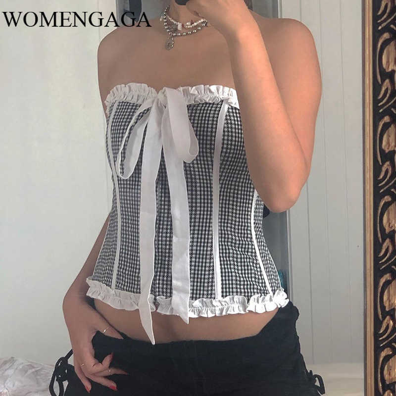 

WOMENGAGA Autumn One-line Collar Bowknot Ruffles Lace Backless Slim Bottoming Vest Tops Tank For Women DU0P 210603, Black