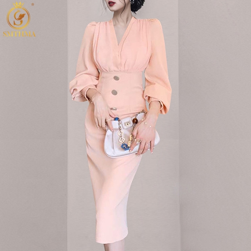 

Fashion Spring Women Temperament Long Sleeve Pink Dress Robe Sexy V-Neck Korea Chic Party Dresses Vestidos 210520, Photo color